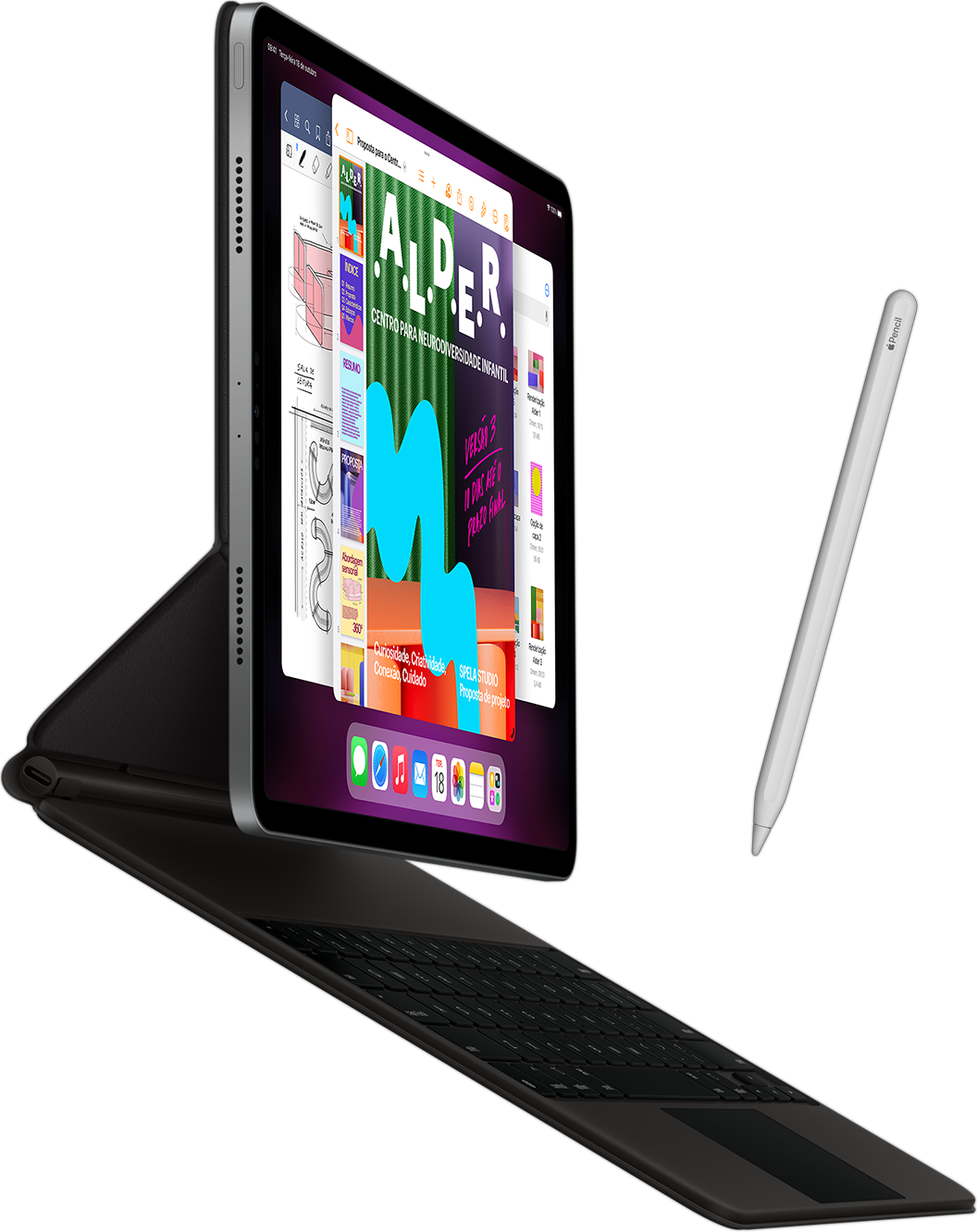 Imagem da lateral do iPad Pro com Smart Keyboard Folio e Apple Pencil.