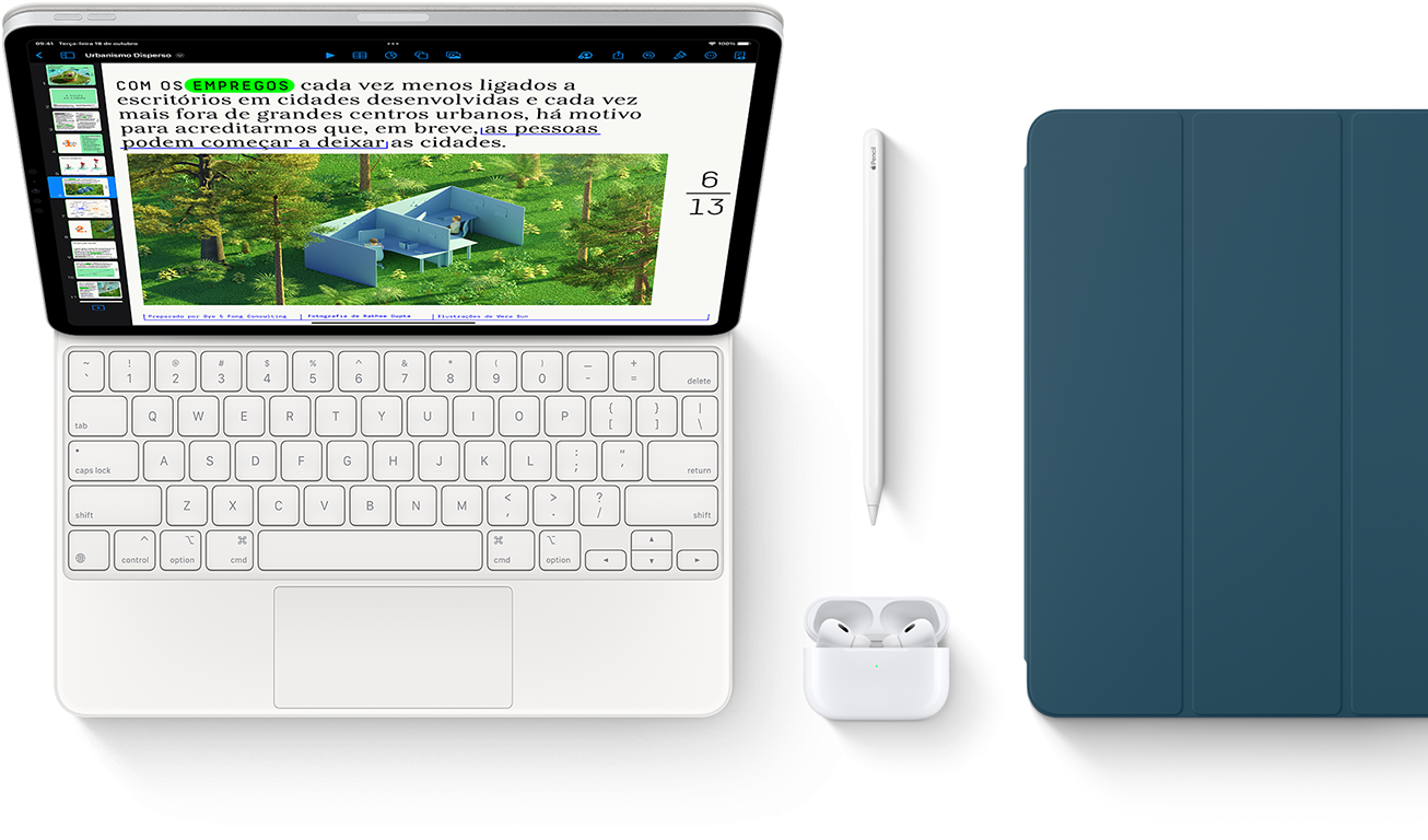 Smart Keyboard Folio, Apple Pencil, AirPods Pro e capa para iPad em azul-marinho.