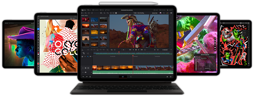 Imagem frontal de um iPad Pro com Smart Keyboard Folio e Apple Pencil e o app Resolve for iPad na tela, com outros aparelhos iPad atrás.