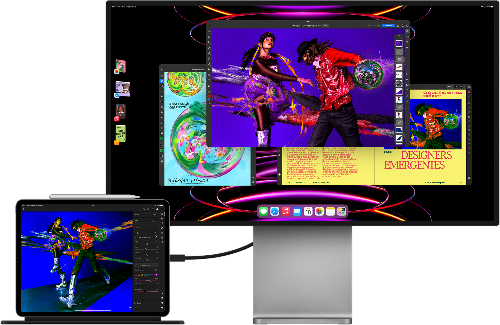 Um iPad Pro mostra o app LumaFusion enquanto está conectado a um monitor externo que exibe o recurso de multiarefa do Organizador Visual.