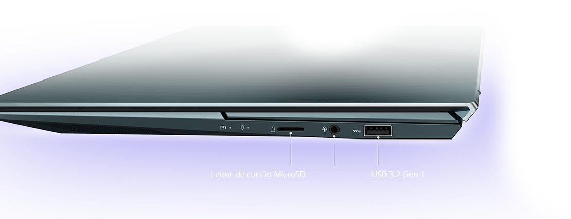 foto ilustrativa vista lateral direita, com conexões de leitor de cartão MicroSd, Conector de audio e USB 3.2