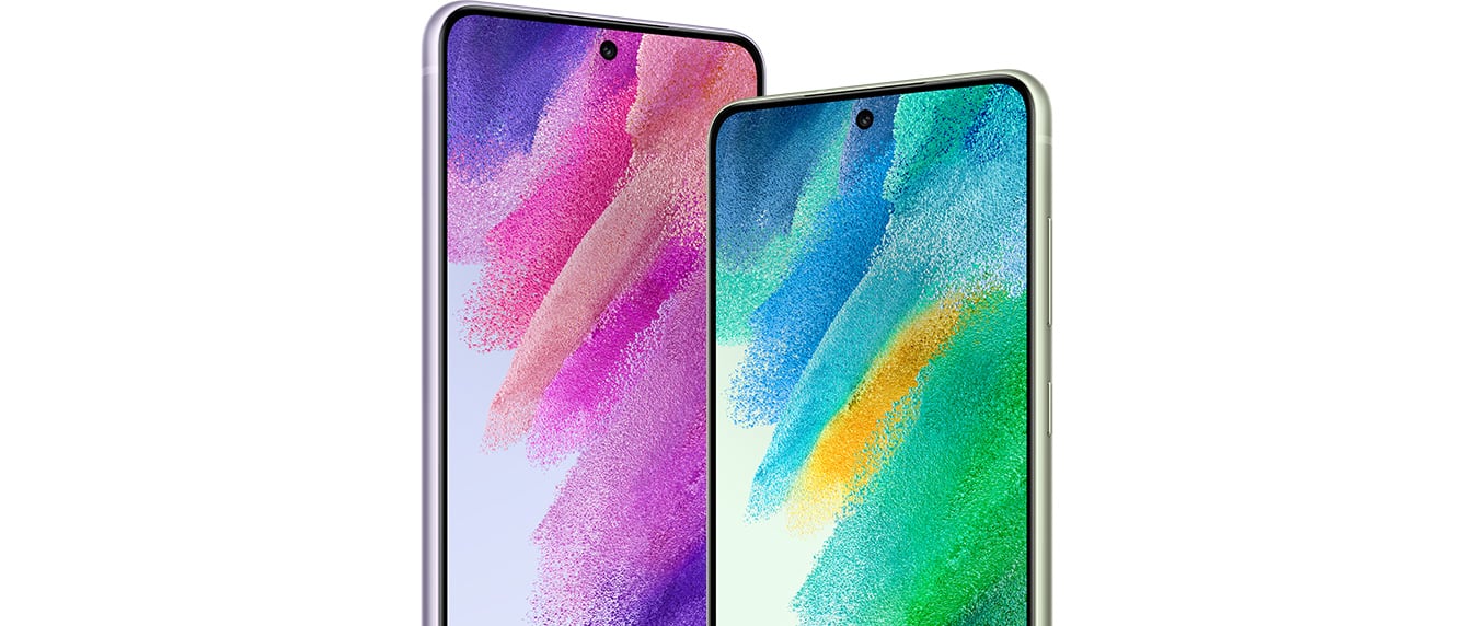 Two Galaxy S21 FE 5G phones seen from the front next to each other. One has a pink and purple graphic wallpaper onscreen, and the other has a green and blue graphic wallpaper onscreen.