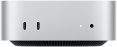 Imagem da frente do Mac mini prateado mostrando as portas da frente: duas portas USB-C e uma entrada para fones de ouvido de 3,5 milímetros.