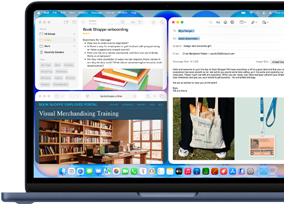 MacBook Neo índigo. A tela mostra um e-mail de boas-vindas para uma pessoa que está começando a trabalhar em uma livraria. Outras janelas mostram um documento do app Notas sobre integração e o site do portal para funcionários da livraria no Safari