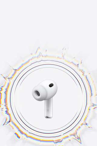 Fone de ouvido sem fio dos AirPods Pro 3 com ponta de silicone cercado por círculos de onda sonora
