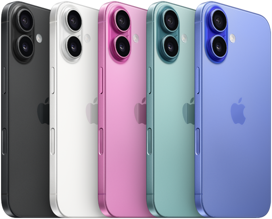 Imagem da parte de trás do iPhone 16, mostrando a elevação do sistema avançado de câmera dupla, o logotipo da Apple no centro e as cinco cores, que são preto, branco, rosa, verde-acinzentado e ultramarino.