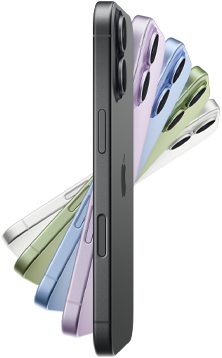 Lateral externa do iPhone 17 em 5 cores: preto, lavanda, azul-névoa, sálvia e branco.