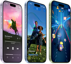Parte da frente e lateral de aparelhos iPhone 17 demonstrando o Apple Music, a Inteligência Visual, jogos e os botões de Ação e de volume