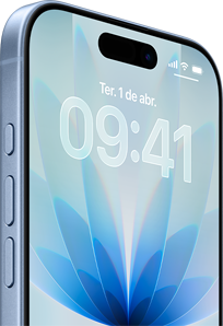 Parte da frente do iPhone 17 na cor azul-névoa, Dynamic Island centralizada, botões: botão de Ação, botões de volume