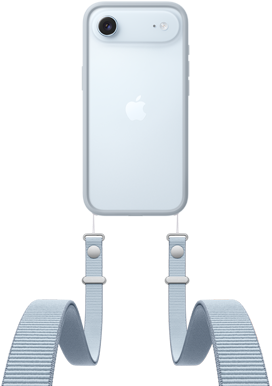 Parte de trás do iPhone Air na cor azul-céu, com o sistema de câmera Fusion próximo à parte superior, o logotipo da Apple no centro e a Alça Transversal com Bumper cinza-claro