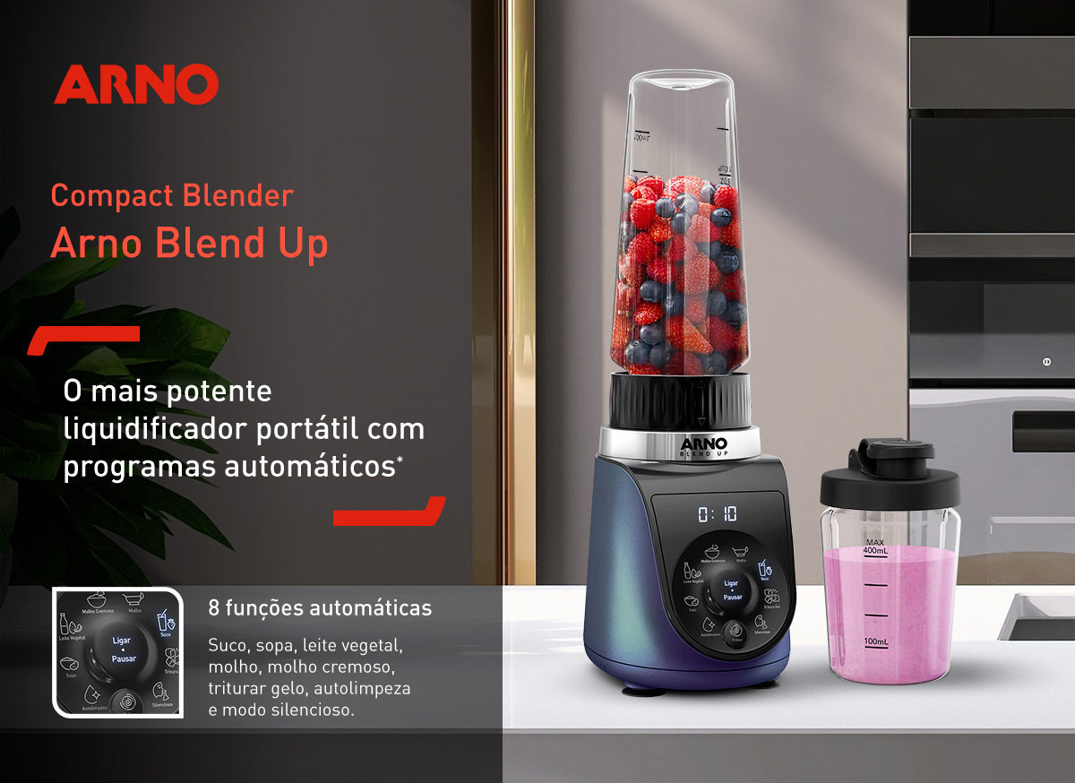 Compact Blender Arno Blend Up. O mais potente liquidificador portátil com programas automáticos*. 8 funções automáticas. Suco, sopa, leite vegetal, molho, molho cremoso, triturar gelo, autolimpeza e modo silencioso.