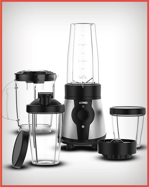 Acessórios: copo tipo liquidificador com tampa dosadora, copos portáteis de 250ml, 500ml e 750ml, tampa para transporte, tampas para armazenamento e duas lâminas intercambiáveis.