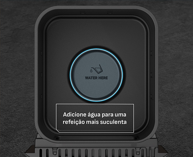 Cesto exclusivo com compartimento para água: Permite adicionar água para manter os alimentos mais suculentos e evitar fumaça e odores. Deixe carnes e assados mais macios e saborosos, garantindo resultados superiores em qualquer preparo. Adicione água para uma refeição mais suculenta.