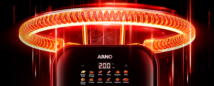 TECNOLOGIA DIRECT HEAT. Rapidez e eficiência: Sem necessidade de pré-aquecimento, garantindo crocância por fora e maciez por dentro. Com 2000W de potência, reduz o tempo de preparo e traz mais sabor para suas receitas sem precisar de óleo.