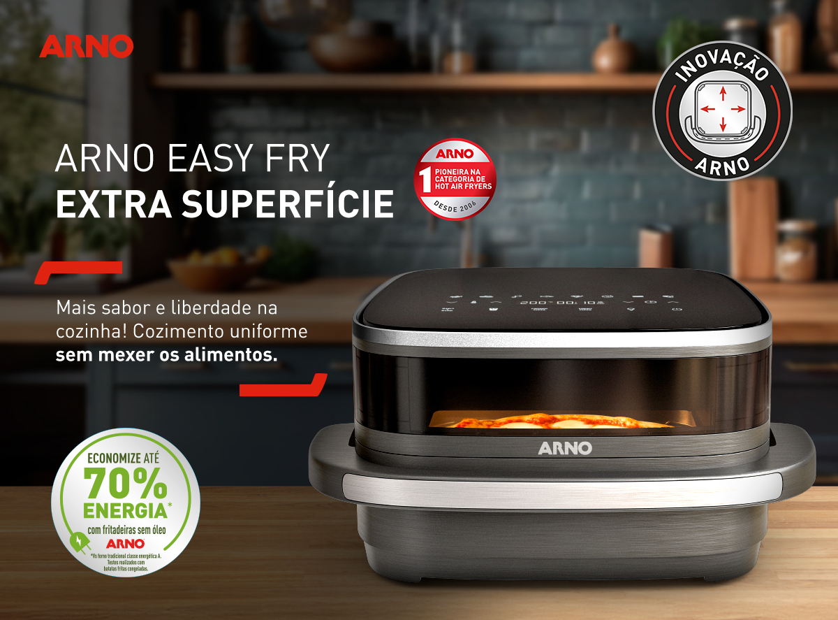 ARNO EASY FRY EXTRA SUPERFÍCIE. Mais sabor e liberdade na cozinha! Cozimento uniforme sem mexer os alimentos.