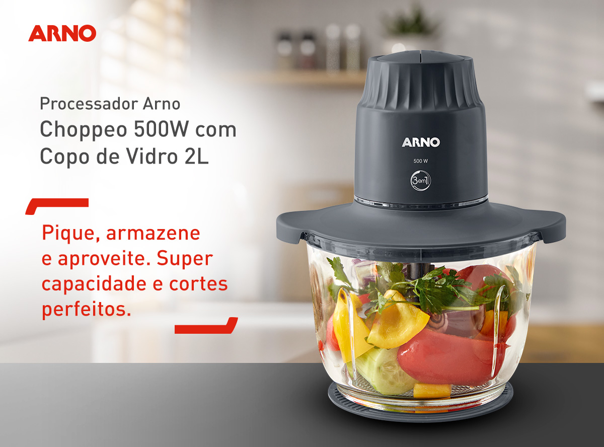 Processador Arno Choppeo 500W com Copo de Vidro 2L. Pique, armazene e aproveite. Super capacidade e cortes perfeitos.