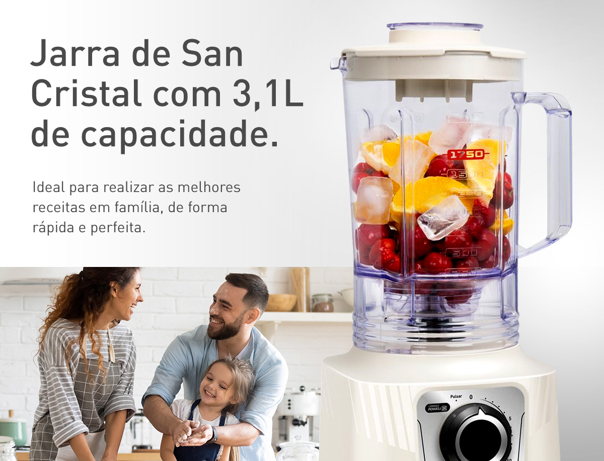 Jarra de San Cristal com 3,1L de capacidade. Ideal para realizar as melhores receitas em família, de forma rápida e perfeita.