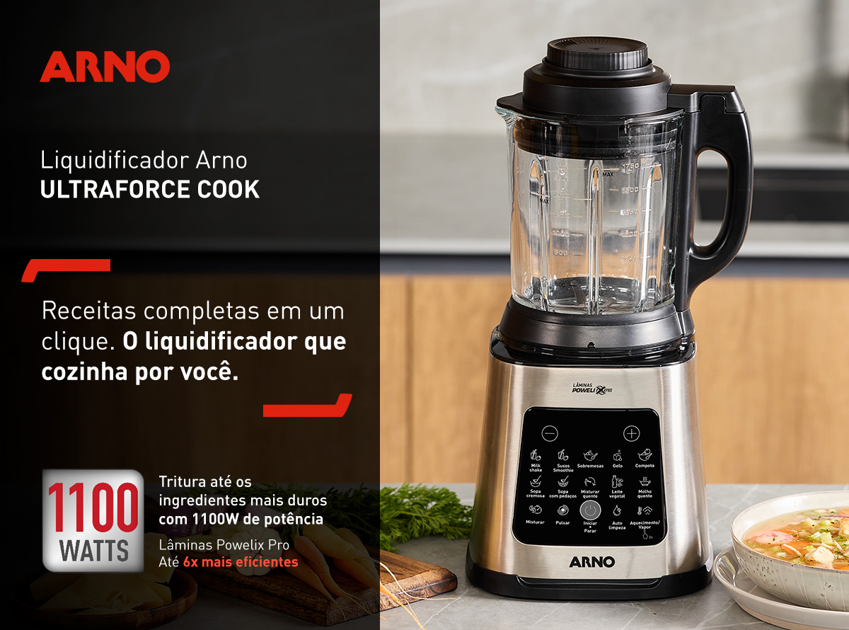 Liquidificador Arno ULTRAFORCE COOK. Receitas completas em um clique. O liquidificador que cozinha por você. Tritura até os ingredientes mais duros com 1100W de potência Lâminas Powelix Pro Até 6x mais eficientes