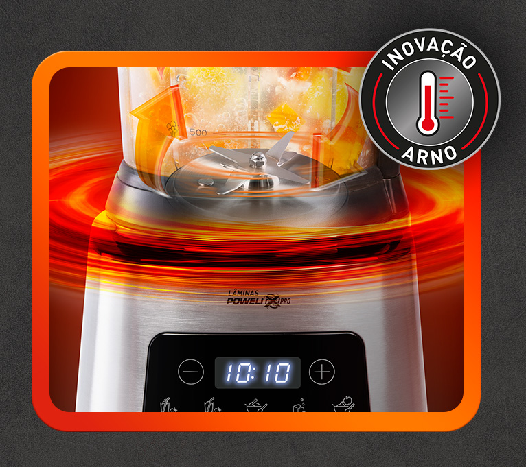 Tecnologia de aquecimento automático. 10 receitas programadas para facilitar seu dia a dia: milk-shake, smoothies, sobremesas, gelo, compotas, sopas cremosas, molhos e leite vegetal.
