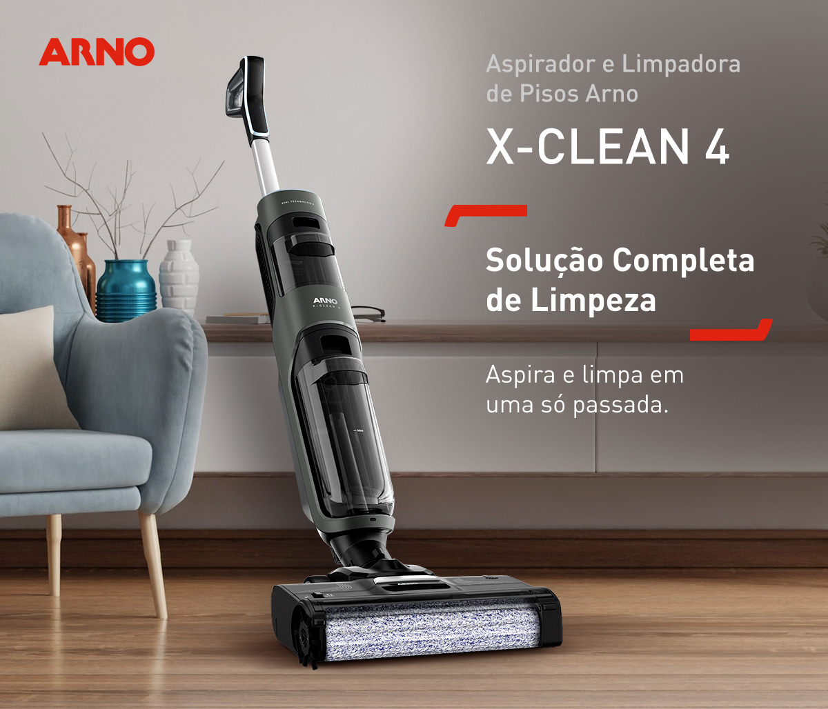  Aspirador e Limpadora de Pisos Arno X-CLEAN 4. Solução Completa de Limpeza. Aspira e limpa em uma só passada.