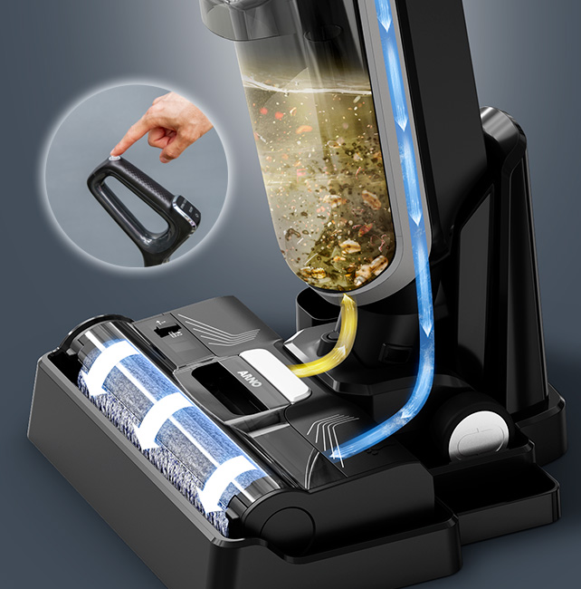 Sistema de autolimpeza para não ter contato com a sujeira. Ative a autolimpeza com o toque de um botão, lave o rolo e deixe-o secar para que esteja pronto para uso quando você precisar.