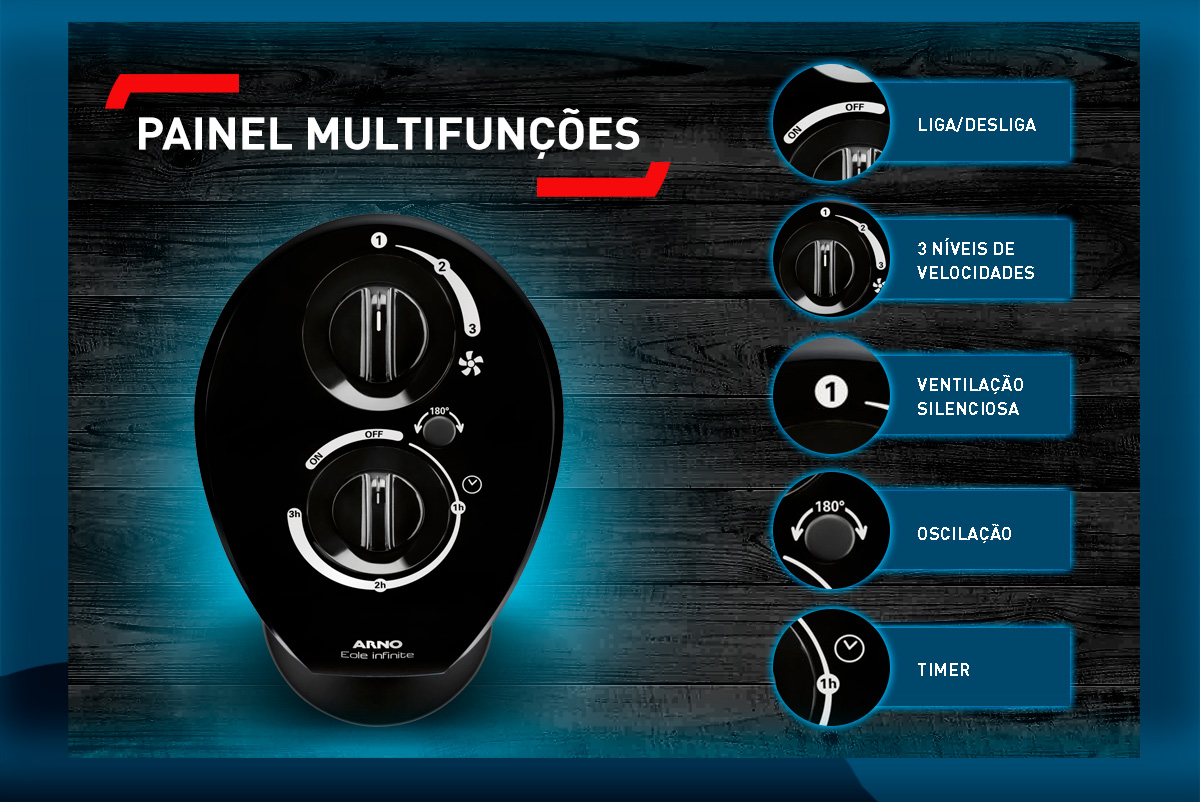 PAINEL MULTIFUNÇÕES. Liga/Desliga. 3 níveis de velocidades. Ventilação silenciosa. Oscilação. Timer.