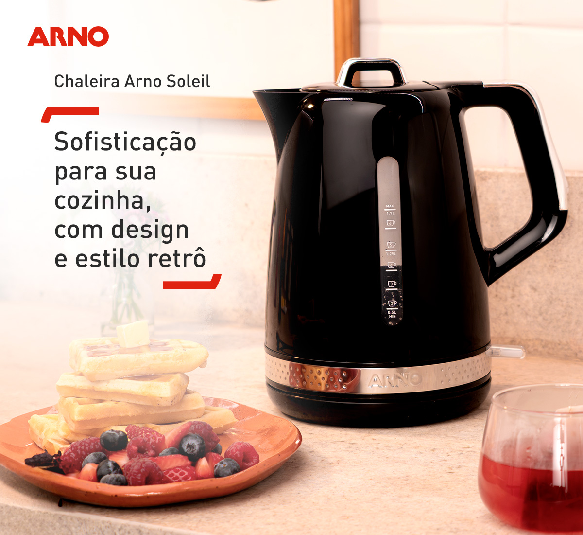 Chaleira Arno Soleil. Sofisticação para sua cozinha, com design e estilo retrô. Com Arno Soleil, tenha estilo também na sua cozinha!