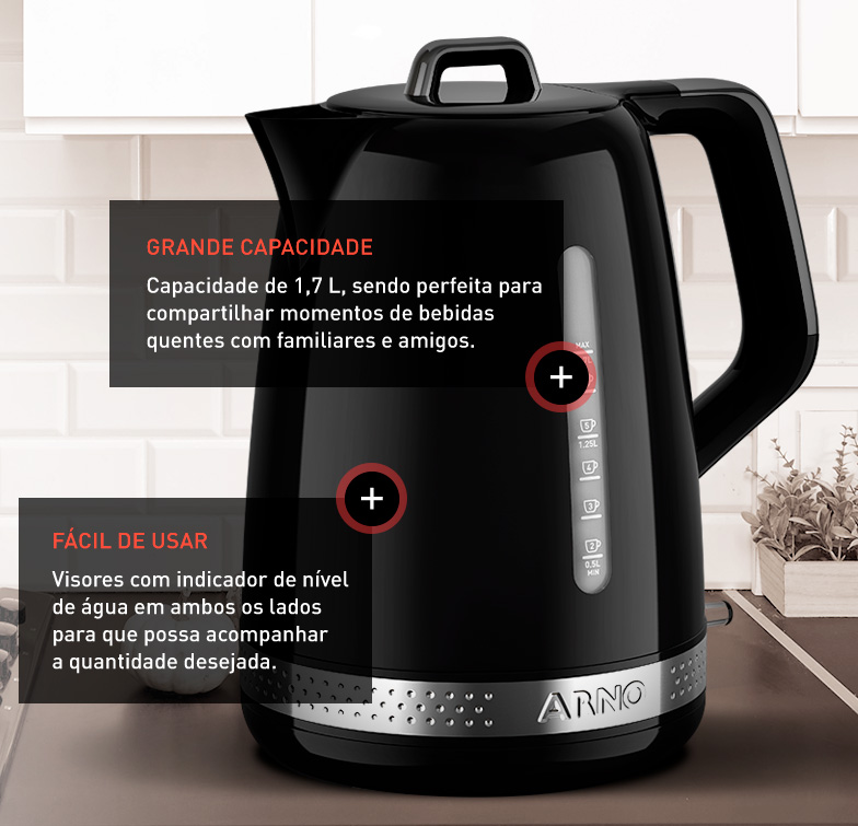 Sua cozinha com estilo. Linha com estilo retrô que proporciona decoração ao ambiente. Grande capacidade. Capacidade de 1,7 L, sendo perfeita para compartilhar momentos de bebidas quentes com familiares e amigos. Fácil de usar. Visores com indicador de nível de água em ambos os lados para que possa acompanhar a quantidade desejada.