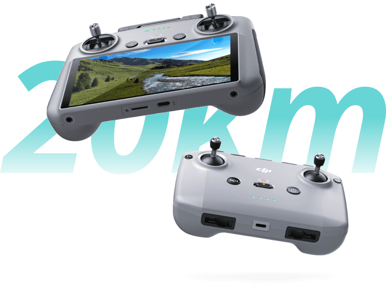 Imagem de dois controles do drone e ao fundo escrito 20km