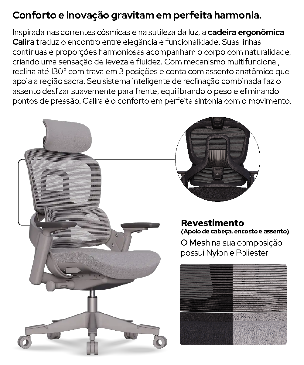 Cadeira ergonômica calira com texto explicativo e amostra de revestimento
