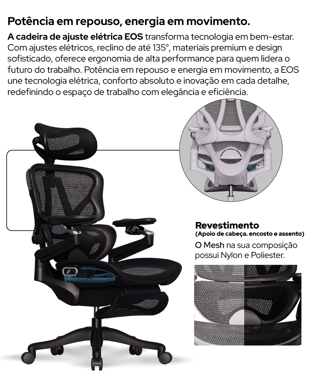 Cadeira ergonômica eos com texto explicativo e amostra de revestimento