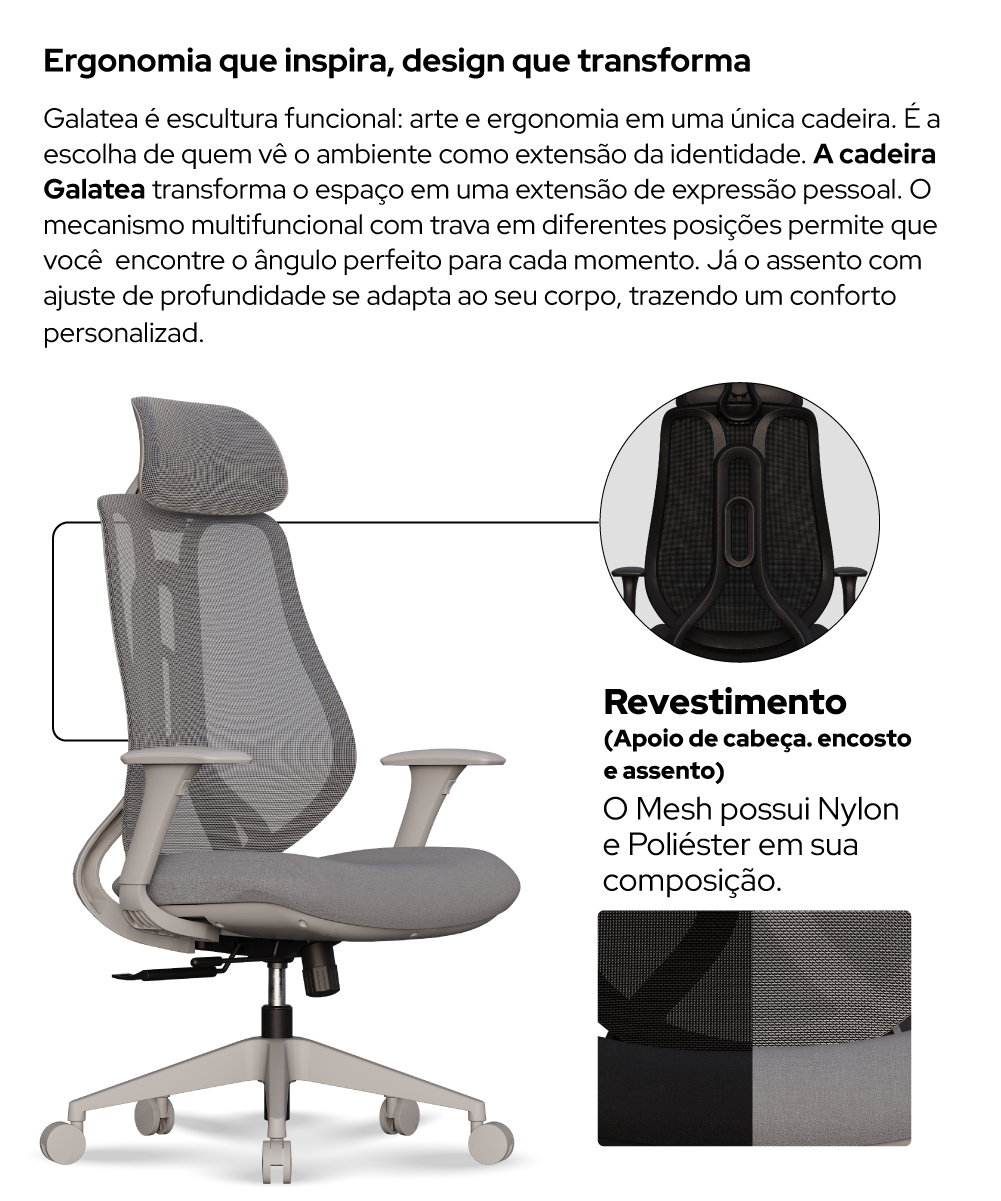 Cadeira ergonômica galatea com texto explicativo e amostra de revestimento
