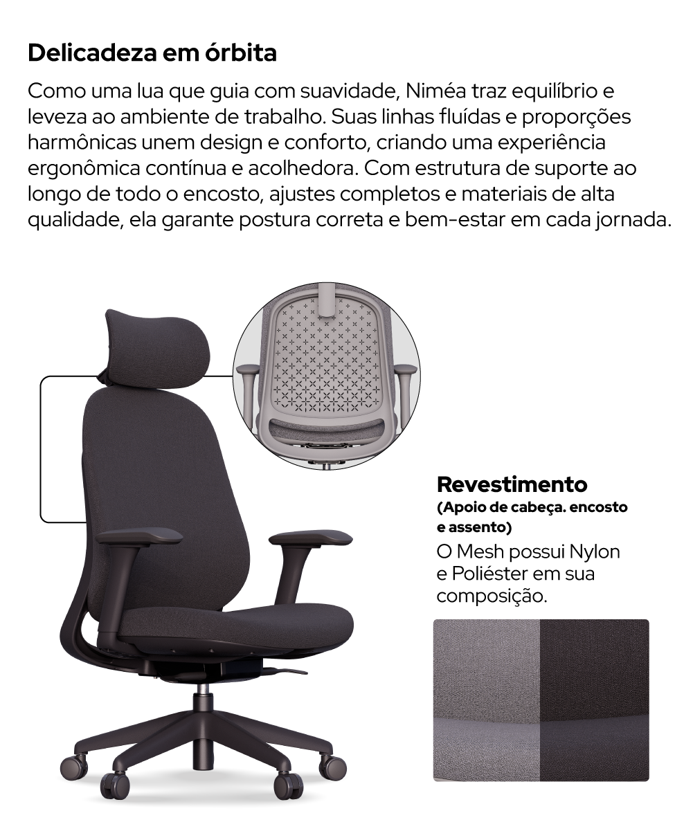 Cadeira ergonômica nimea com texto explicativo e amostra de revestimento