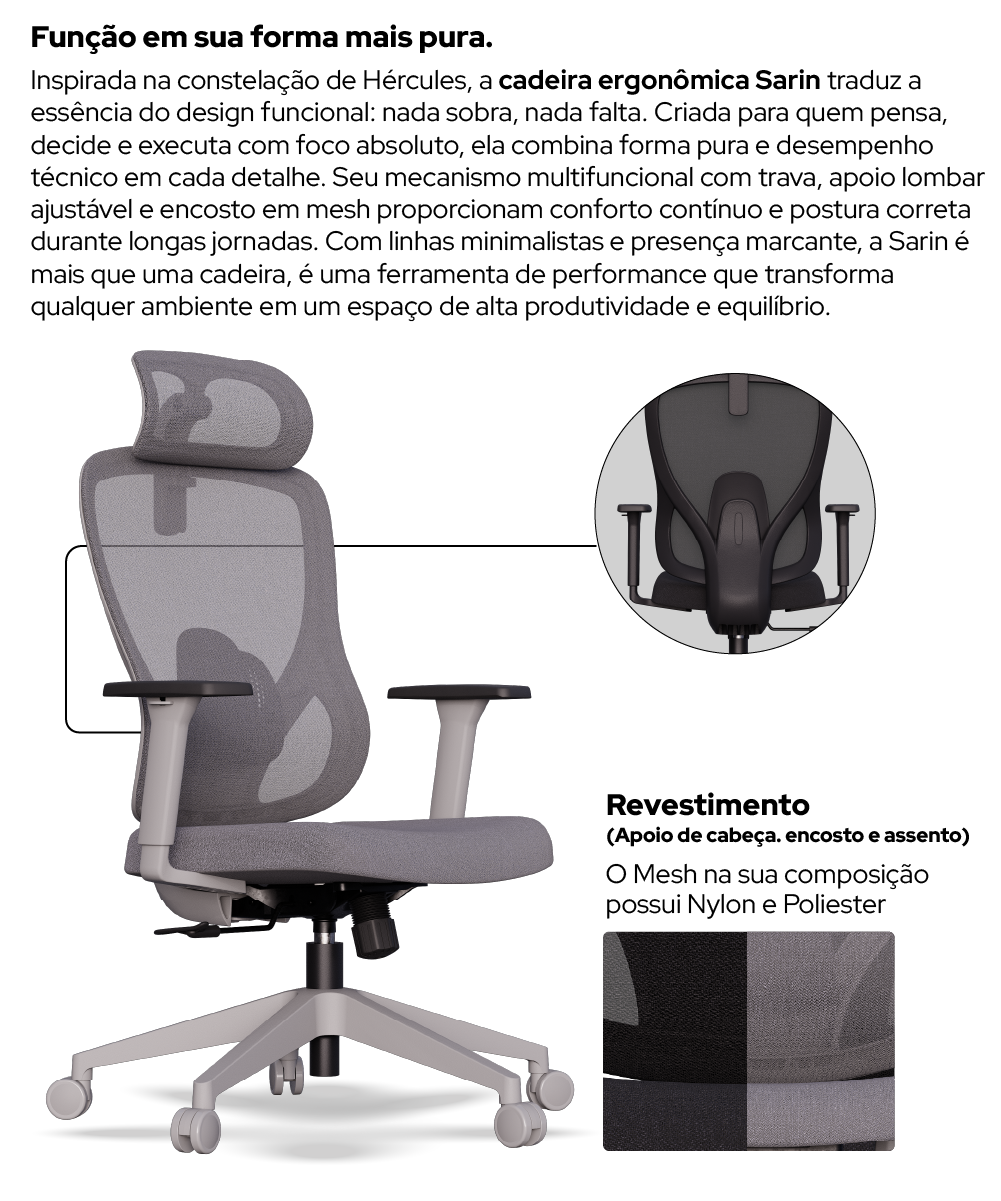 Cadeira ergonômica Sarin com texto explicativo e amostra de revestimento