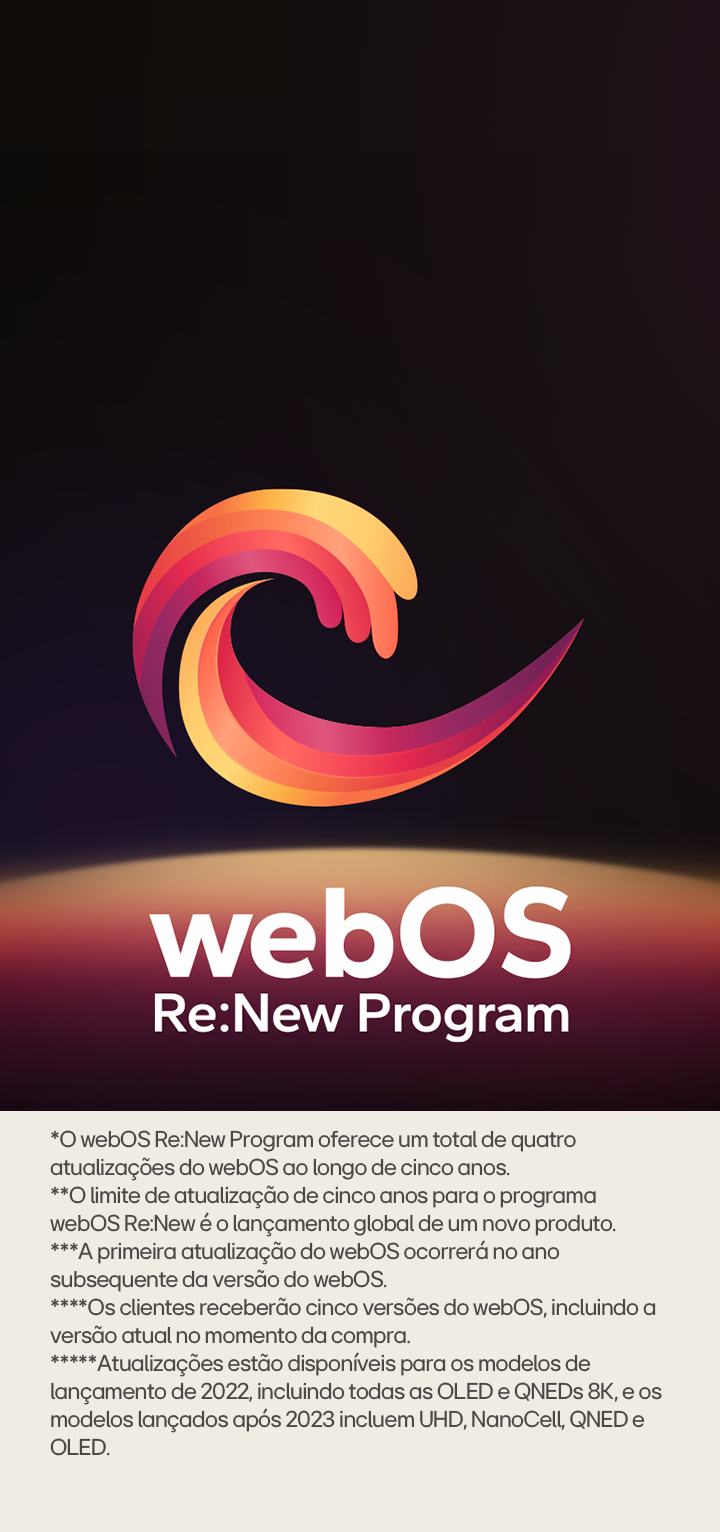 Logotipo do webOS Re:New Program apresentado sobre um fundo preto com a parte superior de uma esfera azul e roxa na parte inferior. 