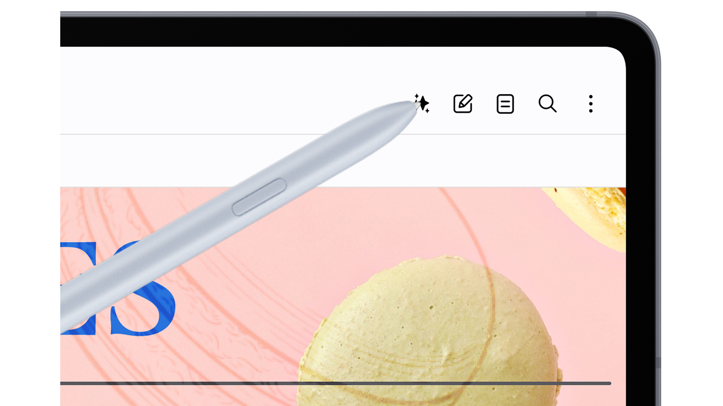 Uma S Pen seleciona o ícone Galaxy AI no canto superior direito da página.