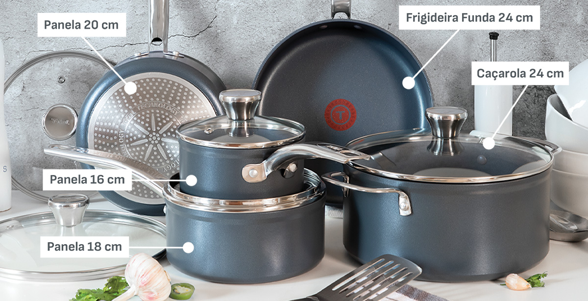 CONHEÇA A COMPOSIÇÃO DO CONJUNTO. Panela 16 cm, Panela 18 cm, Panela 20 cm, Frigideira Funda 24 cm e Caçarola 24 cm