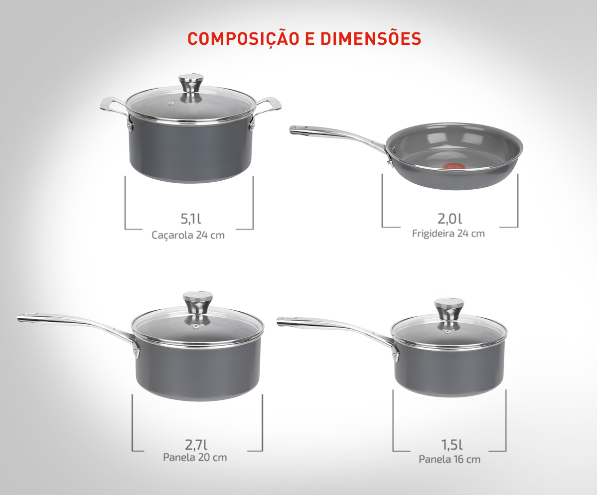 Composição e dimensões: 5,1L Caçarola 24 cm, 2L Frigideira 24 cm, 2,7L Panela 20 cm, 1,5L Panela 16 cm