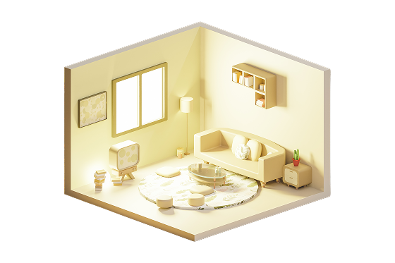 Sala/quarto com luzes quentes e TV