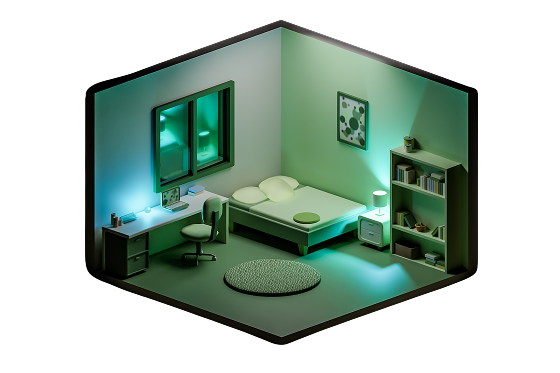 Quarto com iluminação verde e computador